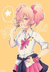 Rule 34 | 10s, 1girl, badge, bow, button badge, chrabi, clothes around waist, dress shirt, grin, hair bow, hand on own hip, highres, idolmaster, idolmaster cinderella girls, jewelry, jougasaki mika, one eye closed, peace symbol, pink hair, shirt, simple background, sleeves rolled up, smile, solo, standing, sweater, sweater around waist, twintails, v, white shirt