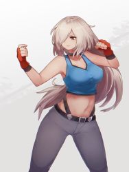 Rule 34 | 1girl, albina, belt, belt buckle, black choker, blue tank top, breasts, buckle, choker, clenched hands, closed mouth, collarbone, commission, fighting stance, fingerless gloves, gloves, hair over one eye, highres, light blush, long hair, midriff, navel, pixiv commission, red eyes, red gloves, serious, simple background, solo, tank top, the king of fighters, yonaga san