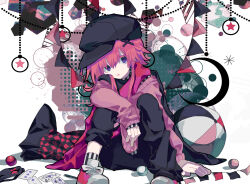 Rule 34 | 1girl, black hat, black pants, black shirt, colored eyelashes, hair ornament, hat, highres, long sleeves, open mouth, original, pants, pink hair, pink sweater, purple eyes, red footwear, shirt, shoes, sitting, sneakers, socks, solo, striped clothes, striped socks, sweater, usagi nui, vertical-striped clothes, vertical-striped socks, x hair ornament