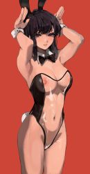 Rule 34 | 1girl, absurdres, animal ears, armpits, arms up, bare shoulders, black bow, black bowtie, black hair, black hairband, bow, bowtie, breasts, cleavage, covered erect nipples, covered navel, cowboy shot, fake animal ears, fake tail, hairband, highleg, highleg leotard, highres, hime cut, komi-san wa komyushou desu, komi shouko, large breasts, leotard, lips, lipstick, long hair, looking at viewer, makeup, mamimi (mamamimi), meme attire, navel, nipples, one-piece swimsuit, parted lips, playboy bunny, purple eyes, rabbit ears, rabbit pose, rabbit tail, red background, see-through, see-through leotard, sidelocks, simple background, solo, strapless, strapless leotard, swimsuit, tail, thighs, traditional bowtie, translucent bunnysuit, wing collar, wrist cuffs