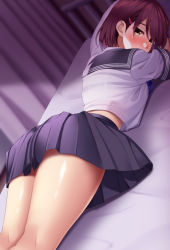 Rule 34 | 1girl, ass, blurry, blurry background, blush, bra visible through clothes, hair ornament, hairclip, huyumitsu, infirmary, kneepits, looking at viewer, lying, on bed, on stomach, original, school uniform, serafuku, short hair, skirt, solo, thighs