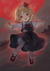 Rule 34 | black skirt, black vest, blonde hair, child, collared shirt, highres, kozumi (tokuni naitteba), long sleeves, mary janes, moon, outstretched arms, red eyes, red footwear, red moon, rumia, shirt, shoes, skirt, skirt set, socks, spread arms, touhou, vest, white shirt, white socks