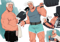 Rule 34 | 1boy, alternate costume, animal, animal on chest, bara, barbell, belly, black tank top, blank speech bubble, blush, collage, cropped legs, eating, english text, exercise, facial hair, food, from side, goatee stubble, green shorts, grey tank top, highres, large pectorals, livio the doublefang, long sideburns, looking at viewer, male focus, mature male, muscular, muscular male, mustache stubble, nipples, noodles, pectorals, renny (renny rose), scratching stomach, short hair, shorts, sideburns, sparse chest hair, sparse leg hair, sparse stubble, speech bubble, strongman waist, stubble, tank top, thick eyebrows, thick thighs, thighs, topless male, trigun, trigun maximum, weightlifting, weightlifting belt, white hair