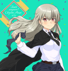 Rule 34 | 1girl, ada badguy, anchovy (girls und panzer), anzio school uniform, birthday, black necktie, blush, breasts, cape, closed mouth, girls und panzer, green background, green hair, hair down, happy birthday, highres, holding, holding ribbon, long hair, looking at viewer, necktie, red eyes, ribbon, school uniform, simple background, small breasts, smile, solo, upper body