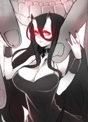 Rule 34 | 10s, 1girl, abyssal ship, bare shoulders, battleship princess, black hair, black nails, breasts, choker, cleavage, dress, fuya (tempupupu), giant hand, glowing, glowing eyes, horns, kantai collection, large breasts, long hair, looking at viewer, monochrome, nail polish, no eyebrows, red eyes, size comparison, smile, solo focus, spaghetti strap, teeth, very long hair