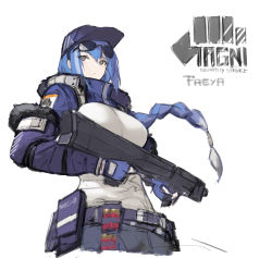 Rule 34 | 1girl, assault rifle, baseball cap, blue gloves, blue hair, braid, breasts, closed mouth, copyright request, detached sleeves, eyewear on head, fingerless gloves, floating hair, gloves, grey eyes, gun, hat, highres, holding, holding gun, holding weapon, large breasts, long sleeves, pandea work, pouch, purple hat, rifle, shirt, simple background, single braid, sketch, solo, sunglasses, sunglasses on head, trigger discipline, weapon, white background, white shirt