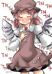 Rule 34 | 1girl, animal ears, bird ears, bird wings, blush, brown dress, brown hat, chin-chin, closed eyes, dress, earrings, frilled dress, frilled sleeves, frills, gaoo (frpjx283), hat, highres, jewelry, long hair, long sleeves, low-tied long hair, mystia lorelei, nail polish, open mouth, pink hair, purple nails, short hair, simple background, single earring, smile, solo, touhou, white background, white wings, winged hat, wings