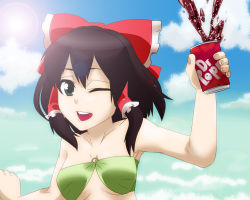 Rule 34 | 1girl, artist request, bandeau, bikini, bikini top only, breasts, can, cloud, day, dr pepper, drink, drink can, female focus, green bikini, hakurei reimu, jeno, lens flare, medium breasts, o-ring, o-ring top, one eye closed, outdoors, product placement, ribbon, sky, soda can, solo, swimsuit, touhou, underboob, wink
