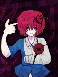 Rule 34 | 1girl, abstract background, arm sling, bandaged arm, bandages, english text, finger gun, hair ornament, heart, heart hair ornament, komeiji satori, pointing, pointing at self, purple background, red eyes, red hair, solo, tabazi, third eye, touhou