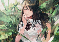 Rule 34 | 1girl, black bow, black neckwear, bow, brown eyes, brown hair, fly (marguerite), hand up, leaf, long hair, looking at viewer, original, shirt, short sleeves, solo, uniform, upper body, very long hair, wet, white shirt