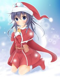 Rule 34 | 1girl, akatsuki (kancolle), bag, bell, belt, belt pouch, blue eyes, blush, boots, brown belt, capelet, christmas, closed mouth, commentary request, dress, full body, goggles, goggles on headwear, hair between eyes, hat, head tilt, highres, holding, holding bag, kantai collection, kneehighs, kushida you, long hair, long sleeves, looking at viewer, pouch, purple hair, red capelet, red dress, red footwear, red hat, santa boots, santa costume, santa hat, smile, snowing, socks, solo