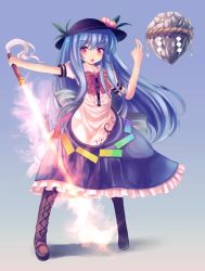 Rule 34 | 1girl, bad anatomy, bad hands, bad id, bad pixiv id, blue hair, boots, bow, cross-laced footwear, floating rock, food, fruit, full body, glowing, glowing sword, glowing weapon, hat, highres, hinanawi tenshi, long hair, looking at viewer, maru daizu (aqua6233), open mouth, peach, poorly drawn, puffy short sleeves, puffy sleeves, red hair, rope, shimenawa, shirt, short sleeves, skirt, solo, sword of hisou, touhou, very long hair, weapon