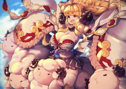 Rule 34 | 1girl, :d, anila (granblue fantasy), black skirt, blonde hair, blue sky, blurry, blurry background, breasts, cleavage, cloud, commentary request, curled horns, day, depth of field, floating hair, fur collar, granblue fantasy, horns, huge breasts, long hair, long sleeves, open mouth, outstretched arms, pleated skirt, riding, sheep, sheep horns, skirt, sky, smile, solo, spread arms, thighhighs, totoya z, white thighhighs, yellow eyes