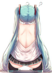 Rule 34 | 1girl, ?, ahoge, akira (been0328), ass, back, backless outfit, bad id, bad pixiv id, bare shoulders, black footwear, black skirt, boots, commentary request, facing away, from behind, green hair, hatsune miku, long hair, panties, pleated skirt, shadow, shirt, shoulder blades, skirt, solo, squatting, striped clothes, striped panties, twintails, underwear, very long hair, vocaloid, white background, white shirt