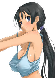 Rule 34 | 00s, 1girl, akiyama mio, alternate hairstyle, black hair, blue eyes, blush, breasts, cleavage, covered erect nipples, downblouse, eunos, hime cut, k-on!, large breasts, long hair, no bra, ponytail, purple eyes, sagging breasts, simple background, smile, solo, strap gap, strap slip, tan, tank top, tanline, upper body