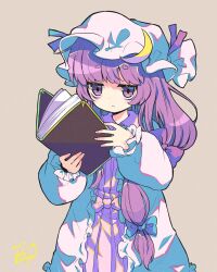 Rule 34 | 1girl, bags under eyes, blush, book, bow, brown background, closed mouth, crescent, crescent hat ornament, dated, dress, hair bow, hat, hat ornament, highres, holding, holding book, long hair, long sleeves, mob cap, patchouli knowledge, purple bow, purple dress, purple eyes, purple hair, red bow, signature, simple background, solo, take no ko (4919400), touhou, upper body, white dress, white hat