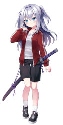 Rule 34 | 1girl, black footwear, black shorts, blue eyes, closed mouth, commission, cross-laced footwear, full body, grey hair, hair intakes, highres, jacket, katana, long hair, looking at viewer, original, red jacket, sheath, sheathed, shirt, shorts, simple background, socks, solo, standing, suzuno naru, sword, sword behind back, two side up, weapon, white background, white shirt, white socks