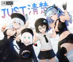 Rule 34 | 4girls, :d, animal ear fluff, animal ear headphones, animal ears, aqua eyes, black-framed eyewear, black dress, black footwear, black gloves, black headwear, black hoodie, black neckwear, black skirt, blue eyes, blue hair, boots, bow, breasts, cabbie hat, cat ear headphones, cat ears, character request, cleavage, collar, collared shirt, commentary request, demon tail, dress, earrings, fake animal ears, finger gun, fingerless gloves, glasses, gloves, gradient hair, green eyes, hat, headphones, heterochromia, highres, hip bones, hood, hoodie, jewelry, long hair, long sleeves, looking at viewer, lying, midriff, miniskirt, mole, mole on breast, multicolored hair, multiple girls, navel, necklace, necktie, on back, open mouth, original, outstretched hand, pleated skirt, pointing, pointing up, purple hair, red bow, scrunchie, semi-rimless eyewear, shirt, short hair, short sleeves, sinensian, skirt, smile, spread fingers, star-shaped pupils, star (symbol), studded collar, symbol-shaped pupils, tail, tail bow, tail ornament, thigh boots, thighhighs, translation request, under-rim eyewear, upper body, visor cap, vrchat, white hair, white shirt, wrist scrunchie, yellow eyes
