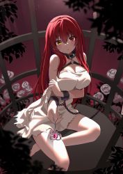 Rule 34 | 1girl, absurdres, bare shoulders, breasts, cage, commentary request, dress, hair down, heterochromia, highres, hololive, houshou marine, large breasts, long hair, looking at viewer, red eyes, red hair, restrained, sitting, sleeveless, sleeveless dress, solo, virtual youtuber, white dress, yellow eyes, yoshioka pochi