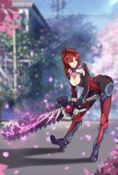 Rule 34 | 1girl, armor, armored boots, blurry, blurry background, bodysuit, boots, breasts, cable, chainsaw, cherry blossoms, choudan, cleavage, cleavage cutout, clothing cutout, day, electricity, full body, gloves, high heel boots, high heels, highres, holding, holding sword, holding weapon, honkai (series), honkai impact 3rd, knee pads, large breasts, leaning forward, legs apart, long hair, mecha musume, mechanical arms, mole, mole on breast, murata himeko, murata himeko (scarlet fusion), neon trim, open mouth, parted lips, petals, ponytail, power armor, power suit, red armor, red bodysuit, red hair, short hair, shoulder armor, single mechanical arm, skin tight, smile, solo, standing, sword, teeth, vambraces, weapon