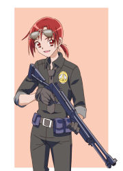 Rule 34 | 06erunium, 10s, 1girl, :d, bad id, bad pixiv id, beige background, belt, belt buckle, belt pouch, benelli armi spa, benelli m4 super 90, black gloves, black necktie, brown gloves, buckle, combat shotgun, cowboy shot, emblem, eyewear on head, glasses, gloves, gun, highres, hino akane (smile precure!), holding, holding weapon, looking at viewer, los angeles police department, necktie, open mouth, pocket, police, pouch, precure, pump-action shotgun, pump action, red eyes, red hair, semi-automatic firearm, semi-automatic shotgun, short hair, shotgun, simple background, smile, smile precure!, solo, standing, sunglasses, trigger discipline, uniform, weapon, wing collar