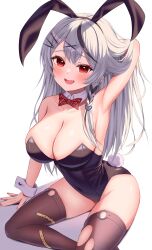 Rule 34 | 1girl, absurdres, breasts, cleavage, grey hair, highres, hololive, kumoru (kumoru 145), large breasts, leotard, long hair, open mouth, playboy bunny, red eyes, sakamata chloe, smile, solo, virtual youtuber, white wrist cuffs, wrist cuffs