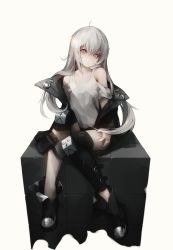 Rule 34 | 1girl, absurdres, ahoge, black jacket, boots, closed mouth, expressionless, full body, g11 (girls&#039; frontline), girls&#039; frontline, gyup, hair between eyes, hand on own thigh, highres, jacket, long hair, looking at viewer, off shoulder, shirt, silver hair, simple background, sitting, solo, tank top, white shirt