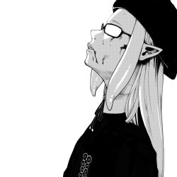 Rule 34 | 1girl, beret, blood, blood on face, collared shirt, derivative work, glasses, greyscale, hair behind ear, hat, highres, hololive, hololive english, kaneki profile picture (meme), leaning back, comic panel redraw, meme, monochrome, ninomae ina&#039;nis, ninomae ina&#039;nis (casual), parted lips, peachyp, pointy ears, shirt, solo, tentacle hair, tokyo ghoul, tokyo ghoul:re, virtual youtuber, white background