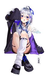 Rule 34 | 1girl, ahoge, amane kanata, amane kanata (punk rock), angel, angel wings, black collar, black footwear, black jacket, blue hair, blush, boots, breasts, buket pudding i, character print, collar, commentary, fishnet pantyhose, fishnets, full body, grey hair, hair intakes, highres, hololive, jacket, looking at viewer, official alternate costume, pantyhose, platform boots, platform footwear, purple eyes, purple jacket, self character print, shirt, short hair, simple background, single leg pantyhose, single leg warmer, single off shoulder, sleeves past fingers, sleeves past wrists, small breasts, thigh strap, two-sided fabric, two-sided jacket, virtual youtuber, white background, white leg warmers, white shirt, wings