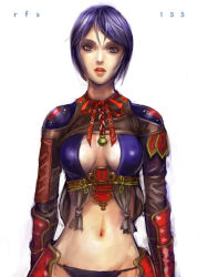 Rule 34 | 1girl, armor, breasts, female focus, midriff, navel, purple hair, ryu (ryu&#039;s form site), short hair, solo, white background