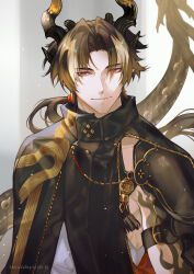 Rule 34 | 1boy, arknights, arm tattoo, armpit crease, artist name, black jacket, border, brown hair, chong yue (arknights), commentary, dated, dragon boy, dragon horns, dragon tail, english commentary, grey background, highres, horns, jacket, long hair, looking at viewer, male focus, multicolored hair, muscular, muscular male, ponytail, red eyes, shirashura, shirt, smile, solo, streaked hair, tail, tattoo, upper body, white shirt