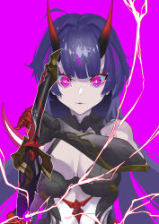 Rule 34 | 1girl, absurdres, bare shoulders, black gloves, breasts, cleavage, drawing sword, electricity, gloves, hair between eyes, highres, holding, holding sword, holding weapon, honkai (series), honkai impact 3rd, horns, johnny-chan, katana, long hair, looking at viewer, open mouth, purple background, purple eyes, purple hair, raiden mei, raiden mei (herrscher of thunder), sheath, simple background, solo, sword, unsheathing, weapon