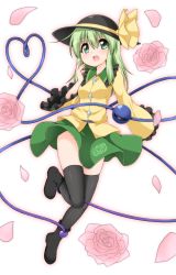 Rule 34 | 1girl, black hat, black thighhighs, blush, breasts, eyeball, floral print, flower, frilled shirt collar, frilled sleeves, frills, full body, green eyes, green hair, green skirt, hat, hat ribbon, heart, heart of string, highres, komeiji koishi, long hair, long sleeves, looking at viewer, matching hair/eyes, open mouth, outline, petals, pink flower, pink rose, ribbon, rose, rose petals, sidelocks, skirt, small breasts, solo, suwa yasai, thighhighs, third eye, touhou, white background, wide sleeves, yellow ribbon