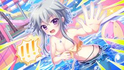 ! !! 1girl ahoge ball beachball ben-day_dots bikini black_bikini blue_gemstone blue_sky blush breasts cleavage cloud day dot_nose dutch_angle emphasis_lines film_grain game_cg gem grey_hair hand_on_own_chest ichijou_ruka izumi_tsubasu jewelry medium_breasts mismatched_bikini navel necklace non-web_source official_art open_mouth outdoors outline outstretched_arm partially_submerged purple_eyes re:stage! screentones short_hair_with_long_locks sky solo sparkle swimsuit thick_outlines wardrobe_malfunction water_drop water_slide waterpark white_outline yellow_bikini