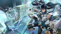 Rule 34 | 1boy, absurdres, bare shoulders, black gloves, black hair, black pants, blue theme, chinese clothes, dan heng (honkai: star rail), dan heng (imbibitor lunae) (honkai: star rail), detached sleeves, dragon, dragon boy, dragon horns, earrings, elbow gloves, expressionless, eyeliner, fingerless gloves, fish, flower, gloves, green eyes, green horns, grey shirt, hair between eyes, highres, honkai: star rail, honkai (series), horns, jewelry, long hair, long sleeves, looking at viewer, looking back, lotus, male focus, pants, pointy ears, red eyeliner, shirt, single earring, sleeves past elbows, solo, standing, traditional clothes, very long hair, water, white sleeves