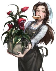 Rule 34 | 1girl, apron, bandana, blush, bread, bread slice, brown apron, brown eyes, brown hair, brown pants, buttons, collarbone, cowboy shot, food, food in mouth, green eyes, heo sung-moo, highres, holding, long hair, long sleeves, looking at viewer, mouth hold, original, pants, parted bangs, plant, sharp teeth, shirt, simple background, solo, teeth, tongue, tongue out, venus flytrap, white background, white shirt