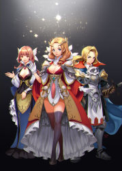 Rule 34 | 3girls, armor, black legwear, blonde hair, blue dress, blue eyes, boots, breasts, brown hair, cleavage, ascot, crown, dated, dress, glint, gloves, highres, holding, holding sword, holding weapon, looking at viewer, medium breasts, multiple girls, nawol, original, parted lips, ponytail, red eyes, standing, sword, thighhighs, weapon, white gloves, wide sleeves