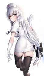 Rule 34 | 1girl, azur lane, black bow, black thighhighs, blush, bow, braid, breasts, dress, from behind, gloves, hair between eyes, hair bow, hat, hermione (azur lane), hermione (pure white angel) (azur lane), highres, jyu-so, large breasts, long hair, looking at viewer, low-tied long hair, nurse, nurse cap, official alternate costume, short dress, short sleeves, silver hair, simple background, solo, standing, standing on one leg, thighhighs, twin braids, very long hair, white background, white dress, white gloves, yellow eyes, zettai ryouiki