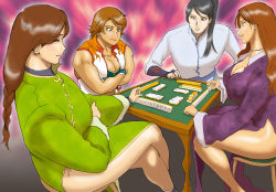 Rule 34 | 4girls, abstract background, board game, bracer, breasts, bridal gauntlets, cao li, china dress, chinese clothes, cleavage, copyright request, crossed arms, dress, earrings, closed eyes, eyeshadow, guan cai-he, high collar, highres, jewelry, large breasts, crossed legs, liu mei-xing, long hair, long sleeves, mahjong, makeup, multiple girls, nail polish, nappii (nappy happy), necklace, original, pelvic curtain, short hair, side slit, sitting, smile, smirk, table, tan, thick thighs, thighs, vest, wide sleeves, wristband, zhang yan-hua
