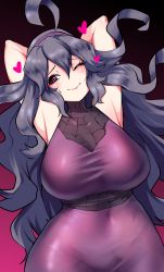 Rule 34 | 1girl, ahoge, alternate breast size, armpits, arms behind back, arms behind head, arms up, blush, breasts, closed mouth, covered navel, creatures (company), game freak, gradient background, hair between eyes, hairband, heart, hex maniac (pokemon), highres, kenron toqueen, long hair, nintendo, one eye closed, pokemon, pokemon xy, purple eyes, purple hair, purple hairband, smile, solo, sweat, turtleneck