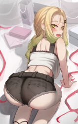 Rule 34 | 1girl, all fours, ass, ass focus, back, black shorts, blonde hair, blush, commentary request, from behind, gradient hair, green eyes, green hair, hair ornament, hairclip, highres, iruka blue (torriet), lace, lace-trimmed shirt, lace trim, long hair, looking at viewer, looking back, midriff, multicolored hair, open mouth, original, pantyhose, parted hair, shirt, short shorts, shorts, solo, thick eyelashes, torriet, very long hair, white pantyhose, white shirt