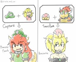Rule 34 | 1boy, 3girls, black dress, blonde hair, bowser, bowser peach, bowsette, bracelet, character name, collar, comparison, crown, dress, drizzle and sun, english text, fangs, genderswap, genderswap (mtf), green dress, hat, horns, jewelry, koopa peach, long hair, mario (series), multiple girls, new super mario bros. u deluxe, nintendo, ponytail, possessed, princess peach, prototype design, red hair, simple background, smile, spiked bracelet, spiked collar, spikes, super crown, super mario odyssey, transformation, white background
