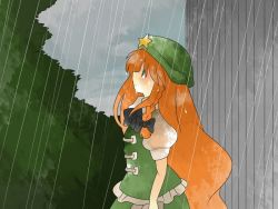 Rule 34 | 1girl, bad id, bad pixiv id, blue eyes, bow, bowtie, braid, china dress, chinese clothes, comic, dress, female focus, forest, hair ribbon, hammer (sunset beach), hat, hong meiling, long hair, looking up, nature, outdoors, plant, rain, red hair, ribbon, silent comic, sky, solo, star (symbol), touhou, wet