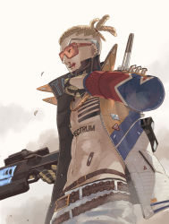 Rule 34 | 1boy, abs, apex legends, bandaid on stomach, belt, blonde hair, blood, blood from mouth, brown belt, cornrows, crypto (apex legends), dreadlocks, from side, gun, holding, holding gun, holding weapon, hype beast crypto, jacket, licking lips, male focus, momonga (mmng5), nosebleed, official alternate costume, pants, solo, sunglasses, tongue, tongue out, topless male, weapon, white pants
