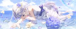 Rule 34 | 1girl, absurdres, ahoge, bare arms, bare shoulders, barefoot, blue eyes, blue flower, blue hair, blue petals, blue ribbon, blue rose, blue sky, bouquet, cloud, cloudy sky, commentary, day, dress, flower, flower request, furina (genshin impact), genshin impact, hair flower, hair ornament, hand on own arm, highres, jewelry, leegh19769, light blue hair, looking at viewer, multicolored hair, parted lips, ribbon, ring, rose, see-through, sky, soles, solo, sunlight, tearing up, veil, water, white dress, white flower, white hair