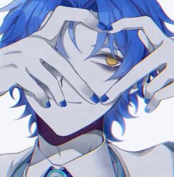 Rule 34 | 1boy, 3cnfw, bags under eyes, blue hair, blue nails, chesed (project moon), closed mouth, collared shirt, heart, heart hands, highres, lobotomy corporation, male focus, nail polish, pale skin, parted lips, portrait, project moon, shirt, simple background, smile, solo, white background, white shirt