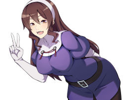 Rule 34 | 10s, 1girl, arm behind back, ashigara (kancolle), belt, black skirt, breasts, brown eyes, brown hair, elbow gloves, fangs, gloves, hair between eyes, hairband, highres, kantai collection, large breasts, leaning forward, long hair, open mouth, puffy short sleeves, puffy sleeves, short sleeves, simple background, skirt, smile, solo, teeth, uniform, v, wavy hair, white background, white gloves, yuuten