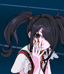 Rule 34 | 1girl, ame-chan (needy girl overdose), black eyes, black hair, black ribbon, blood, blood on clothes, blood on face, blood stain, eencya, hair ornament, hair over one eye, hand on own cheek, hand on own face, long hair, looking at viewer, neck ribbon, needy girl overdose, perfect blue, pixel art, ribbon, scene reference, second-party source, short sleeves, solo, suspenders, twintails, upper body, x hair ornament