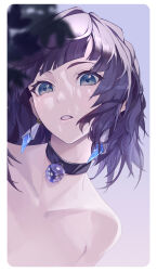 Rule 34 | 1girl, absurdres, bare shoulders, bob cut, border, choker, collarbone, commentary request, dice, dutch angle, earrings, genshin impact, head tilt, highres, jewelry, le (huanglongen), looking at viewer, parted lips, purple background, purple choker, purple eyes, purple hair, raised eyebrows, solo, white border, yelan (genshin impact)