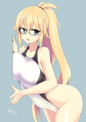Rule 34 | against wall, artist name, bare shoulders, blonde hair, blue background, blue eyes, breast press, breasts, commentary, competition swimsuit, cowboy shot, fate/grand order, fate (series), glasses, hand on wall, highres, hip focus, invisible wall, jeanne d&#039;arc (fate), jeanne d&#039;arc (ruler) (fate), jeanne d&#039;arc (swimsuit archer) (fate), jeanne d&#039;arc (swimsuit archer) (second ascension) (fate), large breasts, leaning, leaning to the side, long hair, one-piece swimsuit, ponytail, simple background, solo, swimsuit, thighs, tokihama jirou, wall, white one-piece swimsuit